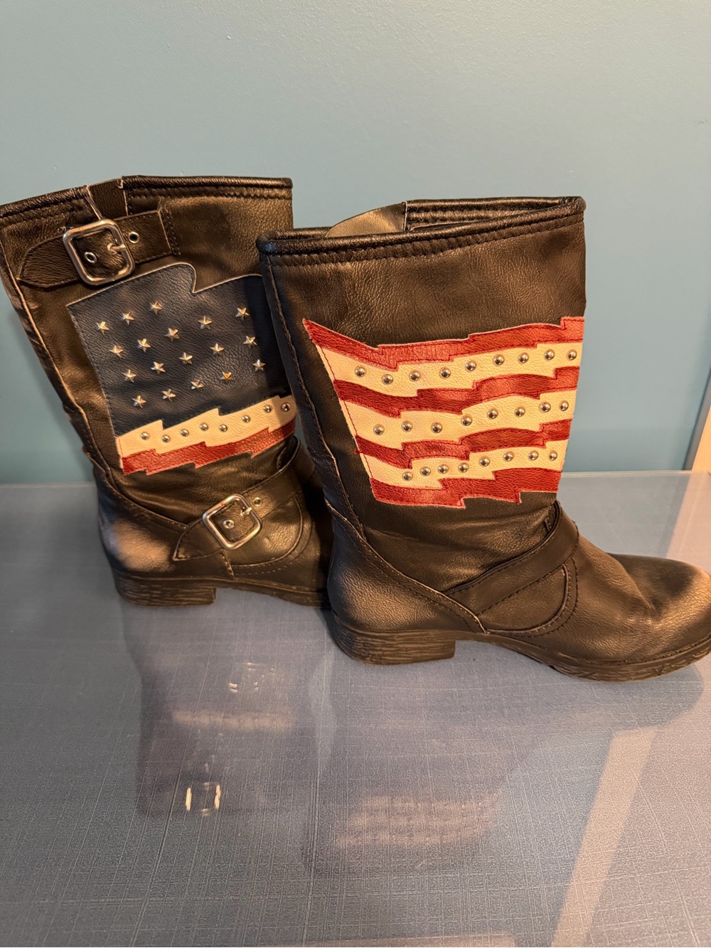White Mountain Black Western Boots with Flag Patch